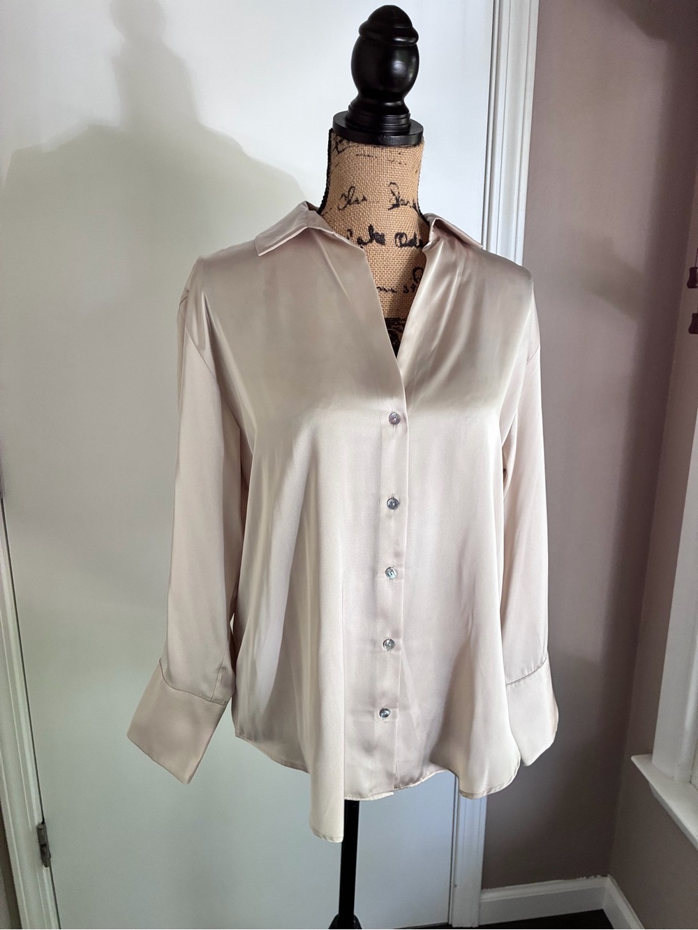 Zara Satin Button-Down Blouse in Light Beige